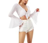 EVELUST Rave Bell Mesh Crop Top for Women - 70s Long Sleeve Tie Front Sheer Shirt Ruffle Fairycore Blouse Festival Outfits, White, S