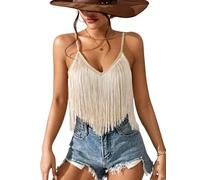 EVELUST Western Cowgirl Fringe Top for Women - Country Concert Outfits Festival Tassel Hem Boho Rodeo Dress Rave Tank Shirt, Khaki, XS