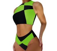 EVELUST Womens Colorblock Shego Costume - Sexy Rave Festival Outfit Black Green Swimsuits High Neck Crop Top High Waisted Bottom Bikini Sets Adults Cosplay Halloween Costume (Blackgreen,S,1085w)