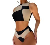 EVELUST Womens Colorblock Shego Costume - Sexy Rave Festival Outfit Black Green Swimsuits High Neck Crop Top High Waisted Bottom Bikini Sets Adults Cosplay Halloween Costume (BlackKhaki,S,1085w)