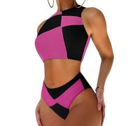 EVELUST Womens Colorblock Shego Costume - Sexy Rave Festival Outfit Black Green Swimsuits High Neck Crop Top High Waisted Bottom Bikini Sets Adults Cosplay Halloween Costume (BlackRose,XL,1085w)