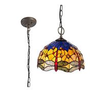 Evelynn Large 3 Light Ceiling Pendant - Aged Antique Brass with Orange, Blue and Amber Tiffany Glass Shade
