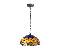 Evelynn Large Single Ceiling Pendant Light - Aged Antique Brass with Orange, Blue and Amber Tiffany Glass Shade