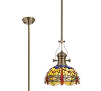 Evelynn Small Single Ceiling Pendant Light - Aged Antique Brass with Orange, Blue and Amber Tiffany Glass Shade