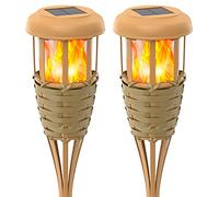 Evelynsun Flickering Flames Solar Powered Lights - Upgraded Solar Torches Waterproof Outdoor Decorative Lighting Auto On/Off, Handmade Bamboo Finish, 2-Pack