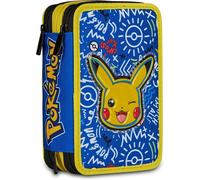 Seven Pokemon 3 Zip Pencil Case, Triple Compartment, Complete with Pencils, Marker, Colours, Backpack Accessories, Elementary, Medium, Top, Pikachu, Children and Girls, Yellow/Blue