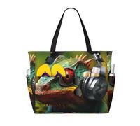 Evengigy Chameleon listen music print Waterproof Beach Tote Pool Bags for Women Large Gym Tote Carry On Bag for Travel
