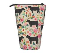 Evengigy Pink Flower Show Steer Cows Cattle Print Cute Pencil Case with Zip Adjustable Stand Pencil Holder Funny Makeup Bag