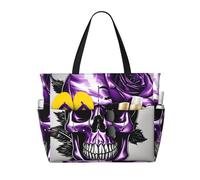 Evengigy Purple Rose and Skull print Waterproof Beach Tote Pool Bags for Women Large Gym Tote Carry On Bag for Travel