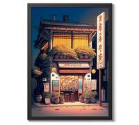 Evening At The Ramen Shop Anime Woodblock Poster Modern Ukiyo-E, Cartoon Print, Japanese Illustration Wall Art Bedroom Home Decor, A5 (Black Frame) - 24.1x17.9cm