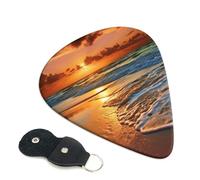 Evening Beach Sea Water Guitar Picks 6 Pack with Leather Guitar Pick Holder Keychain, Plectrum Key Fob Cases Bag, Abstract Art Plectrum for Acoustic Electric Guitar, Ukulele 0.71mm