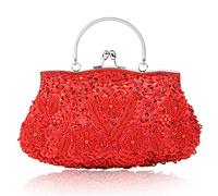 Evening Clutch for Women Kiss Lock Satin Purse Floral Handbag Wedding Purse Shoulder Clutch Party with Chain(Red)