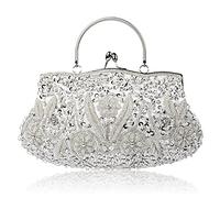 Evening Clutch for Women Kiss Lock Satin Purse Floral Handbag Wedding Purse Shoulder Clutch Party with Chain(Silver)