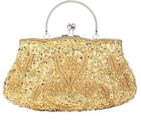 Evening Clutch for Women Kiss Lock Satin Purse Floral Handbag Wedding Purse Shoulder Clutch Party with Chain(Gold)