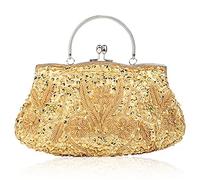 Evening Clutch for Women Kiss Lock Satin Purse Floral Handbag Wedding Purse Shoulder Clutch Party with Chain(Gold)