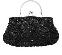 Evening Clutch for Women Kiss Lock Satin Purse Floral Handbag Wedding Purse Shoulder Clutch Party with Chain(Black)