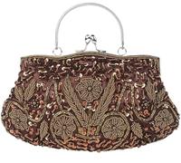 Evening Clutch for Women Kiss Lock Satin Purse Floral Handbag Wedding Purse Shoulder Clutch Party with Chain(Brown)