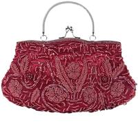 Evening Clutch for Women Kiss Lock Satin Purse Floral Handbag Wedding Purse Shoulder Clutch Party with Chain(Burgundy)