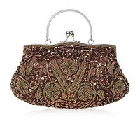 Evening Clutch for Women Kiss Lock Satin Purse Floral Handbag Wedding Purse Shoulder Clutch Party with Chain(Brown)