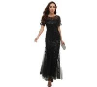 Evening Dress for Women UK Long Sequin Dress Floor Length Slim Fit Sequin Dresses with Mermaid Embroidery Formal Bateau Neck Short Sleeve Evening Party Prom Glitter Mermaid Tulle Dresses Black