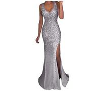 Evening Dress Long Elegant For Wedding Women Plain V-Neck Bandeau Shoulderless Slim Side Slit Long Maxi Dress Party Dress Wedding Dress Princess Women's Glitter Ball Gown Maxi Dresses, silver, L