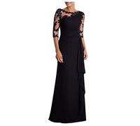 Evening Dress Women's Elegant Lace Patchwork Cocktail Dress Plain Floor Length Maxi Dress Round Neck Medium Sleeve Ball Dress Zip Ruffle Hem Party Dress Slim Wedding Dress, black, XXL
