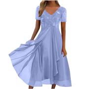 Evening Dresses for Women Lace Chiffon Short Sleeve V Neck Mesh Sliming Waist Dresses Summer Beach Elegant Petite Maxi Dress Holiday Wedding Guest Party Prom Occasions Dress Ladies Evening Gowns S-3XL