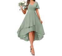 Evening Dresses for Women UK Chiffon Wedding Guest Prom Gowns Ruffle Irregular Flowy A Line Dresses Plain Short Sleeve V Neck Elegant Party Dress Swing Elegant Cocktail Occasion Dress