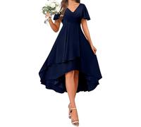 Evening Dresses for Women UK Chiffon Wedding Guest Prom Gowns Ruffle Irregular Flowy A Line Dresses Plain Short Sleeve V Neck Elegant Party Dress Swing Elegant Cocktail Occasion Dress Dark Blue