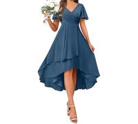 Evening Dresses for Women UK Chiffon Wedding Guest Prom Gowns Ruffle Irregular Flowy A Line Dresses Plain Short Sleeve V Neck Elegant Party Dress Swing Elegant Cocktail Occasion Dress Blue