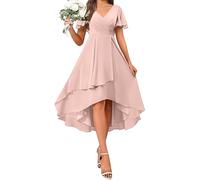 Evening Dresses for Women UK Chiffon Wedding Guest Prom Gowns Ruffle Irregular Flowy A Line Dresses Plain Short Sleeve V Neck Elegant Party Dress Swing Elegant Cocktail Occasion Dress Pink