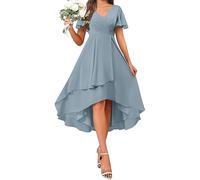 Evening Dresses for Women UK Chiffon Wedding Guest Prom Gowns Ruffle Irregular Flowy A Line Dresses Plain Short Sleeve V Neck Elegant Party Dress Swing Elegant Cocktail Occasion Dress Light Blue