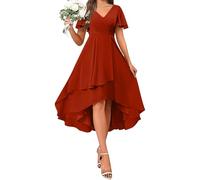 Evening Dresses for Women UK Chiffon Wedding Guest Prom Gowns Ruffle Irregular Flowy A Line Dresses Plain Short Sleeve V Neck Elegant Party Dress Swing Elegant Cocktail Occasion Dress Orange