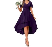 Evening Dresses for Women UK Chiffon Wedding Guest Prom Gowns Ruffle Irregular Flowy A Line Dresses Plain Short Sleeve V Neck Elegant Party Dress Swing Elegant Cocktail Occasion Dress Purple