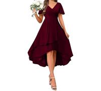 Evening Dresses for Women UK Chiffon Wedding Guest Prom Gowns Ruffle Irregular Flowy A Line Dresses Plain Short Sleeve V Neck Elegant Party Dress Swing Elegant Cocktail Occasion Dress Wine