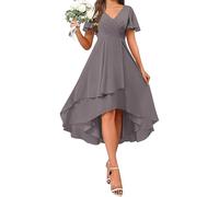 Evening Dresses for Women UK Chiffon Wedding Guest Prom Gowns Ruffle Irregular Flowy A Line Dresses Plain Short Sleeve V Neck Elegant Party Dress Swing Elegant Cocktail Occasion Dress Gray