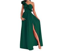 Evening Dresses for Women UK Clearance One Shoulder Wedding Bridesmaid Maxi Dress High Split Sexy Party Dress Ruffle Sleeveless Cocktail Clubwear Floor Length Bandage Prom Ball Gowns Ladies