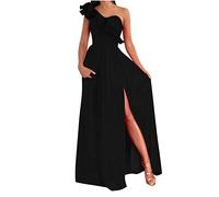 Evening Dresses for Women UK Clearance One Shoulder Wedding Bridesmaid Maxi Dress High Split Sexy Party Dress Ruffle Sleeveless Cocktail Clubwear Floor Length Bandage Prom Ball Gowns Ladies
