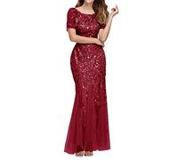 Evening Dresses for Women UK Elegant Floor Length Long Mermaid Prom Evening Dress Crew Neck Slim Fit Dresses High Waist Cocktail Dress Short Sleeve Casual Sparkly Glitter Dresses Red