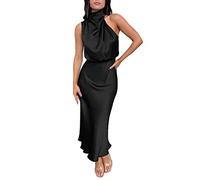 Evening Dresses for Women UK Elegant Halter Slim Fit Swing Dress New Ruched Sleeveless Cocktails Dress Satin Prom Dress Ladies A-Line Dress Party Evening Maxi Dress Elegant Business Dresses Black