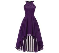 Evening Dresses for Women UK Elegant | Sexy Halter Neck Sleeveless Maxi Dress Floral Lace Vintage Dress Elegant High-Low Hem Dresses Party Club Slim Fit Tank Dress High Waist Swing Dress Purple