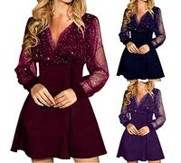 Evening Dresses for Women UK Elegant V-Neck Party Dress Dress Sexy Sparkle Sequin Mini Dress Fashion Glitter Long Sleeve Tulle Dress Short Wedding Guest Dress Casual A-Line Wrap Dress S-XXL Blue