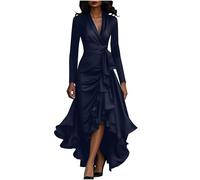 Evening Dresses for Women UK Party Dresses Elegant Gowns Long Sleeve Flowy Maxi Dress,V Neck,Waist-Cinching,Wrap Satin Silk Sexy Dress Ruffle High Low Hem Belted Party Cocktail Maxi Gowns