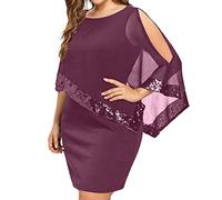 Evening Dresses for Women UK Plus Size Sequin Chiffon Dresses Formal Wedding Guest Cocktail Party Dress Bodycon Warp Dress Elegant Sexy Cold Shoulder Prom Dress Wine