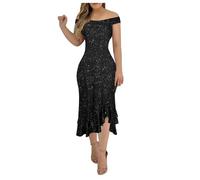 Evening Dresses for Women UK Ruffle Puff Sleeve High Waist A-Line Dress Off Shoulder Wedding Bridesmaid Long Midi Dresses Formal Elegant Sparkly Backless Dress Party Club Slim Fit Dress Black