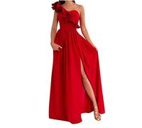 Evening Dresses for Women UK Sale Clearance One Shoulder Wedding Bridesmaid Maxi Dress High Split Sexy Party Dress Ruffle Sleeveless Cocktail Clubwear Floor Length Bandage Prom Ball Gowns Ladies