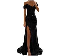 Evening Dresses for Women UK Sequins Wedding Guest Bridesmaid Maxi Dress Off The Shoulder High Split Floor Length Prom Ball Gowns Sparkly Glitter Party Club Dresses Ladies Formal Cocktail Dress Black