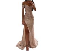 Evening Dresses for Women UK Sequins Wedding Guest Bridesmaid Maxi Dress Off The Shoulder High Split Floor Length Prom Ball Gowns Sparkly Glitter Party Club Dresses Ladies Formal Cocktail Dress Gold