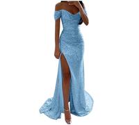 Evening Dresses for Women UK Sequins Wedding Guest Bridesmaid Maxi Dress Off the Shoulder High Split Floor Length Prom Ball Gowns Sparkly Glitter Party Club Dresses Ladies Formal Cocktail Dress