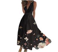 Evening Dresses for Women UK Sleeveless V Neck Empire Waist A Line Prom Dresses Cocktail Dress Floral Print Swing Long Dress Summer Beach Seaside Holiday Dresses Deep V Baggy Dresses Ladies Dresses